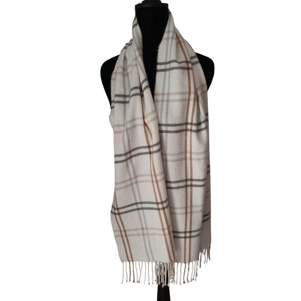 Cejon Made in Italy Plaid Scarf Cream Tan Grey Windowpane Acrylic Fringe 62x11